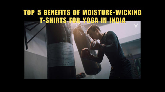 Athlete practicing boxing in a gym, wearing a moisture-wicking T-shirt. Text overlay reads: "Top 5 Benefits of Moisture-Wicking T-Shirts for Yoga in India." The Toxic Fitness logo in the corner.